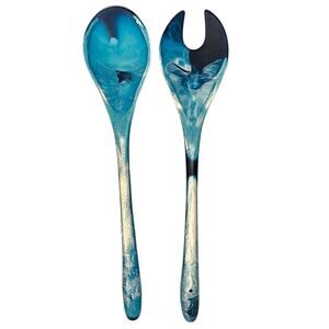 Resin Swirl Salad Set Utensil 2 Pc Blue - Excellent